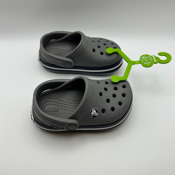 NWOT Crocs Kids Croband Clogs‎ Size C5 Gray with Navy Blue Stripe Comfort Shoes - Picture 4 of 7